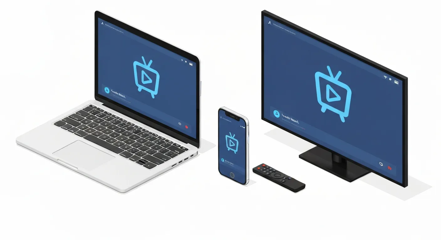 An isometric view of three devices – a laptop, a smartphone, and a smart TV – all displaying the Facebook Watch interface, demonstrating the platform's multi-device accessibility.