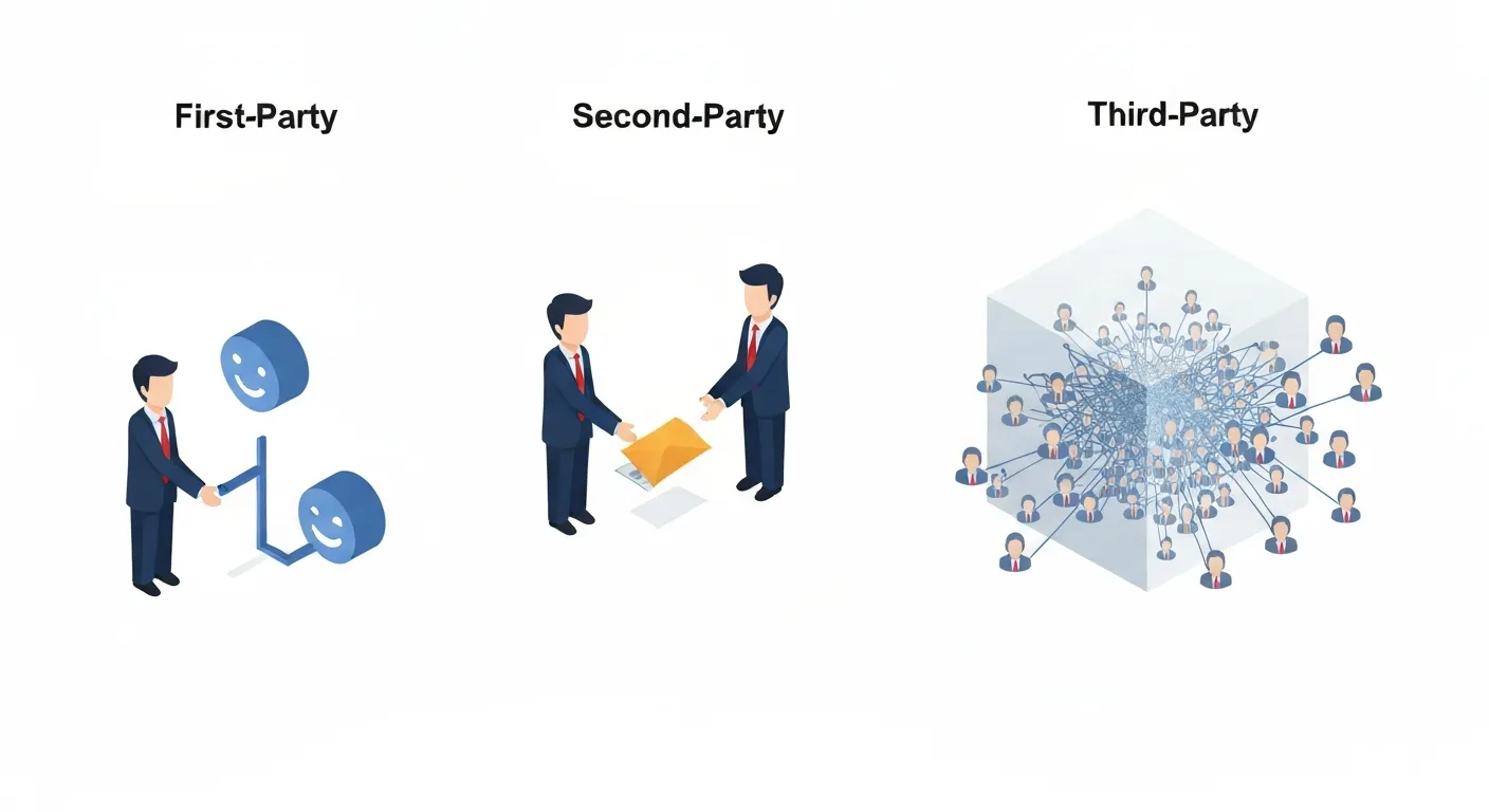Infografika porównująca trzy rodzaje danych: First-party, Second-party i Third-party. Pierwsza scena pokazuje bezpośrednią, jasną ścieżkę danych od klienta do firmy. Druga - wymianę partnerską między dwiema firmami. Trzecia - chaotyczną sieć danych od wielu anonimowych źródeł zebranych przez agregatora.