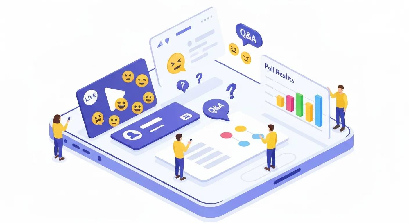 A dynamic isometric illustration of a smartphone screen displaying various social media engagement tools like a live stream, a Q&A session, and an interactive poll, with user icons actively participating.