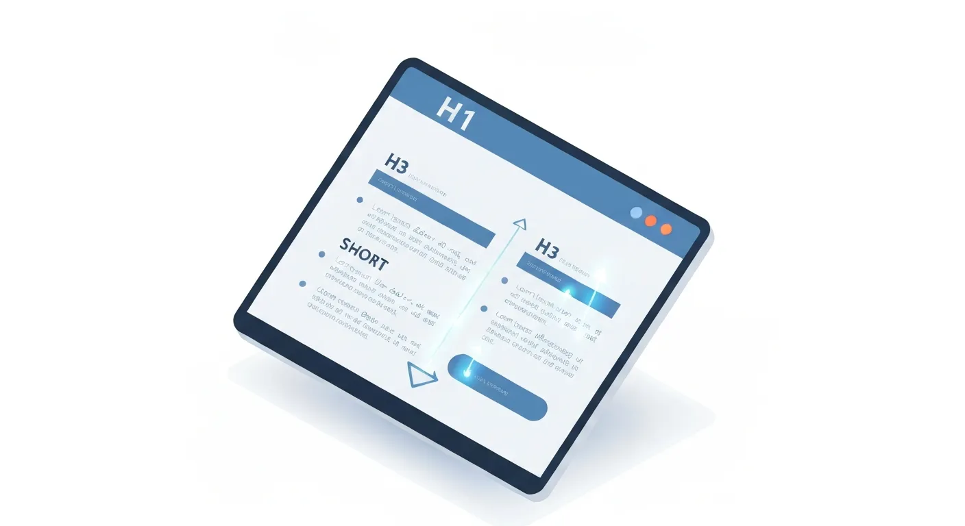 Ilustracja izometryczna przedstawiająca hierarchię wizualną w dokumencie. Pokazane są wyraźnie zaznaczone nagłówki H1, H2, H3 oraz krótkie akapity, co prowadzi wzrok czytelnika przez treść w logiczny sposób.