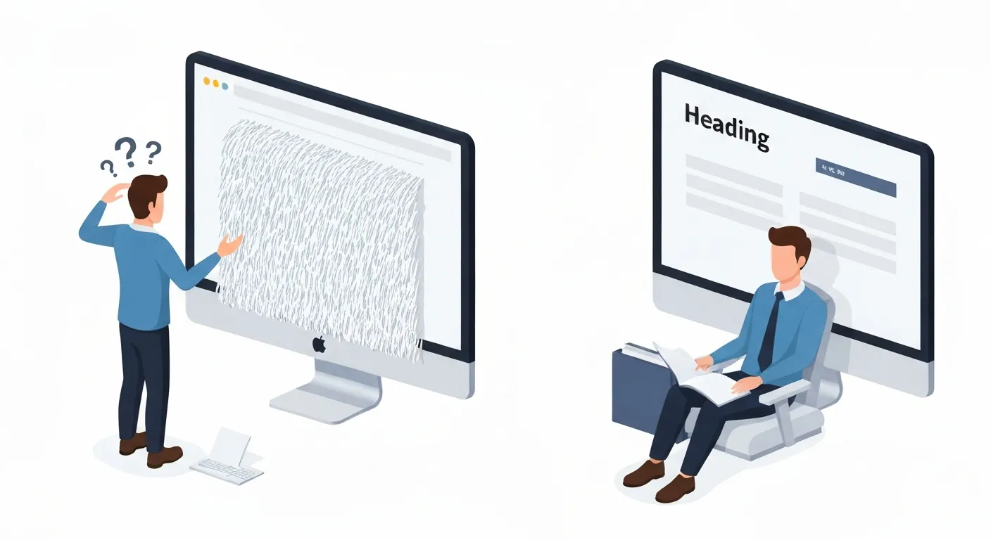 Porównanie dwóch ekranów. Na jednym widoczna jest przerażająca „ściana tekstu”, która powoduje frustrację użytkownika. Na drugim ekranie ten sam tekst jest dobrze sformatowany, co sprawia, że czytanie jest przyjemnością.