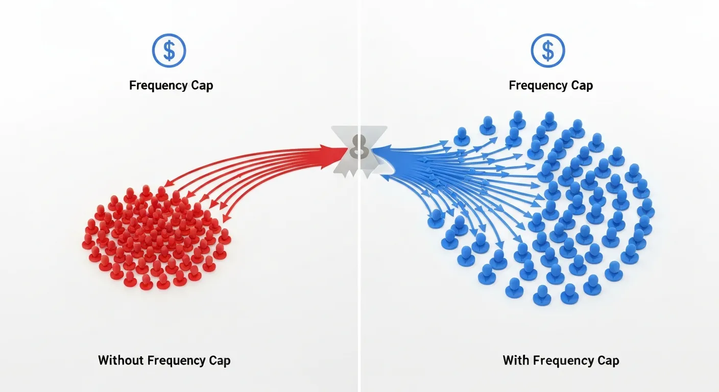 Wizualizacja danych porównująca kampanię z frequency cap i bez. Po lewej stronie budżet jest marnowany na małą grupę użytkowników. Po prawej, dzięki filtrowi 'frequency cap', ten sam budżet dociera do znacznie szerszej, zróżnicowanej grupy odbiorców.