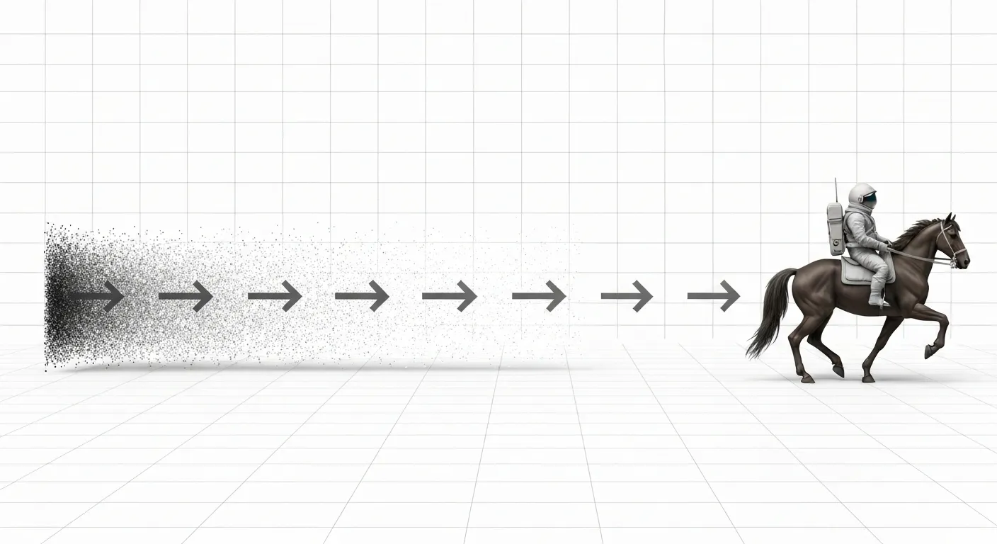 Wizualizacja działania modelu dyfuzyjnego AI. Grafika pokazuje proces transformacji od losowego, cyfrowego szumu po lewej stronie, do klarownego, fotorealistycznego obrazu 'astronauty na koniu' po prawej, ilustrując proces generowania obrazu krok po kroku.