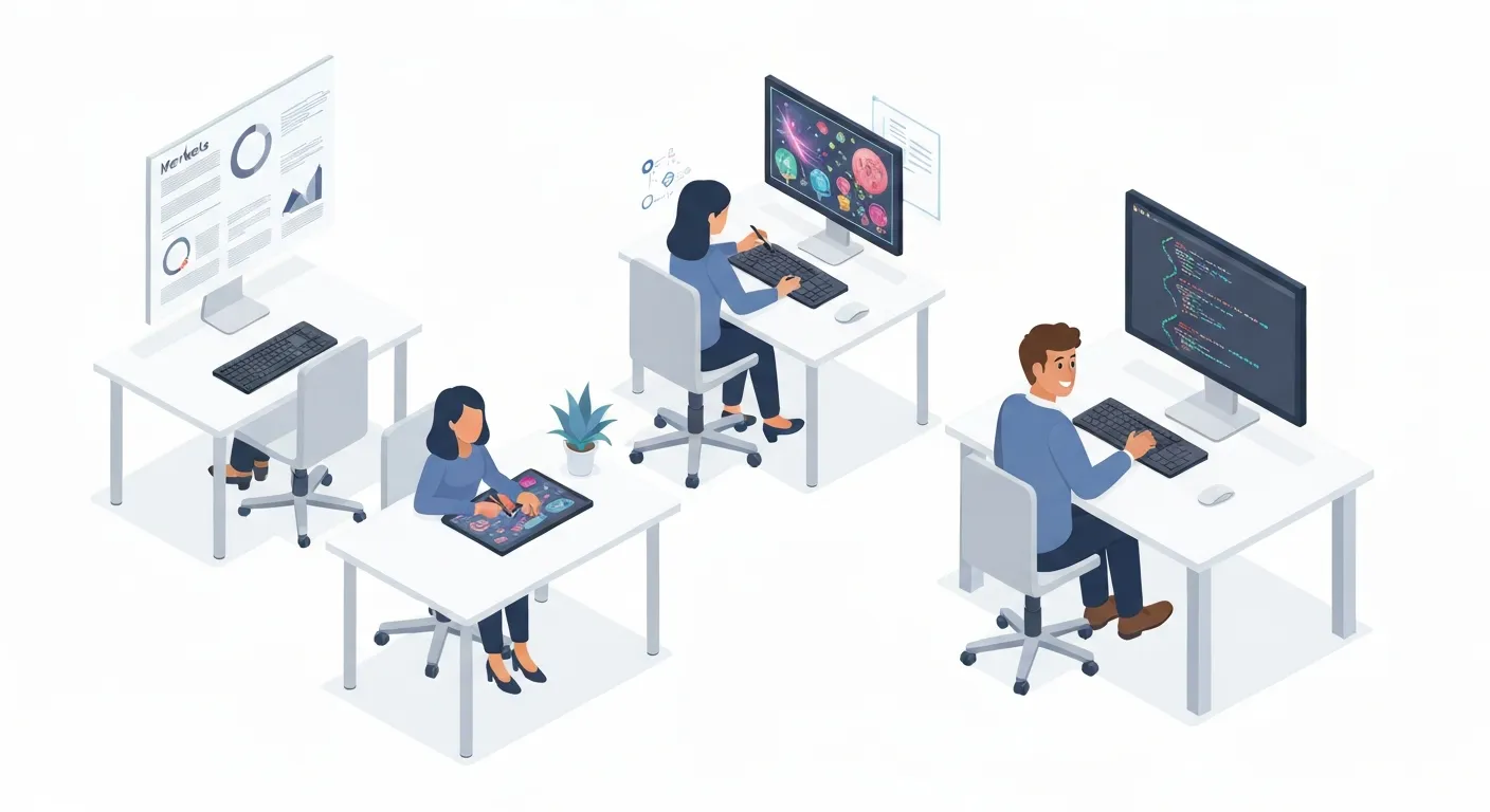 Izometryczna ilustracja pokazująca praktyczne zastosowania generatywnej AI w biznesie. Przedstawia trzy postacie przy biurkach: marketera analizującego dynamicznie generowane wykresy, artystę tworzącego cyfrową grafikę na tablecie oraz programistę, któremu AI pomaga pisać kod.