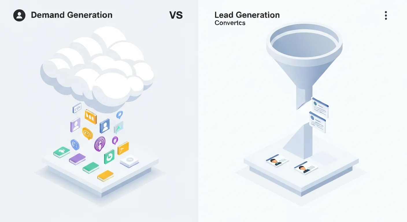 Graficzne porównanie generowania popytu i generowania leadów. Po lewej stronie szeroki, otwarty lejek 'Demand Gen' edukuje dużą grupę odbiorców. Po prawej, wąski lejek 'Lead Gen' przechwytuje dane kontaktowe od niewielkiej, wyselekcjonowanej grupy. Ilustracja izometryczna.