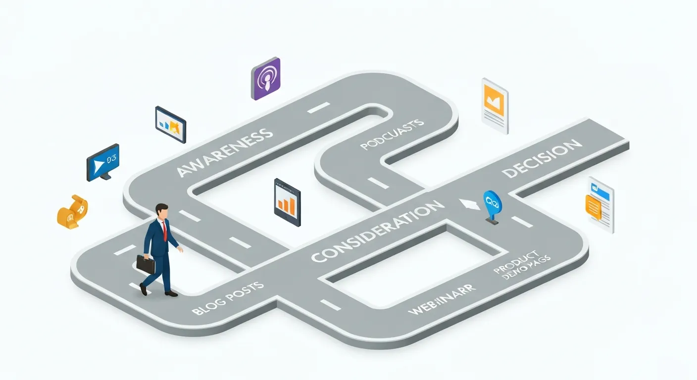 Mapa podróży klienta w marketingu B2B, przedstawiona jako ścieżka z trzema etapami: Świadomość, Rozważanie, Decyzja. Na każdym etapie znajdują się ikony reprezentujące odpowiednie treści marketingowe, które prowadzą klienta do celu.