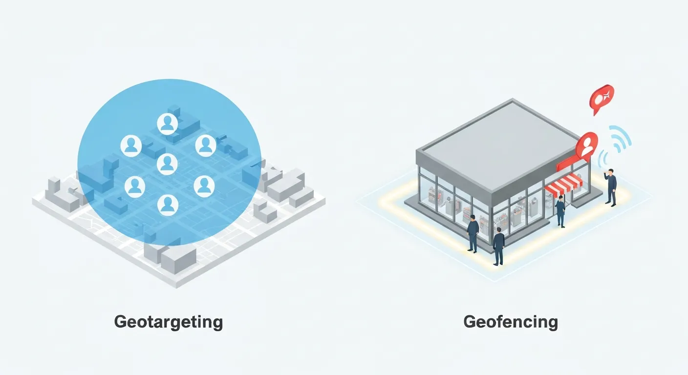 Izometryczna ilustracja porównująca geotargeting i geofencing. Po lewej stronie mapa z szerokim, zaznaczonym okręgiem symbolizującym targetowanie dużej grupy odbiorców. Po prawej, sklep z wirtualną granicą (ogrodzeniem), którą przekracza klient, co aktywuje powiadomienie na jego telefonie.