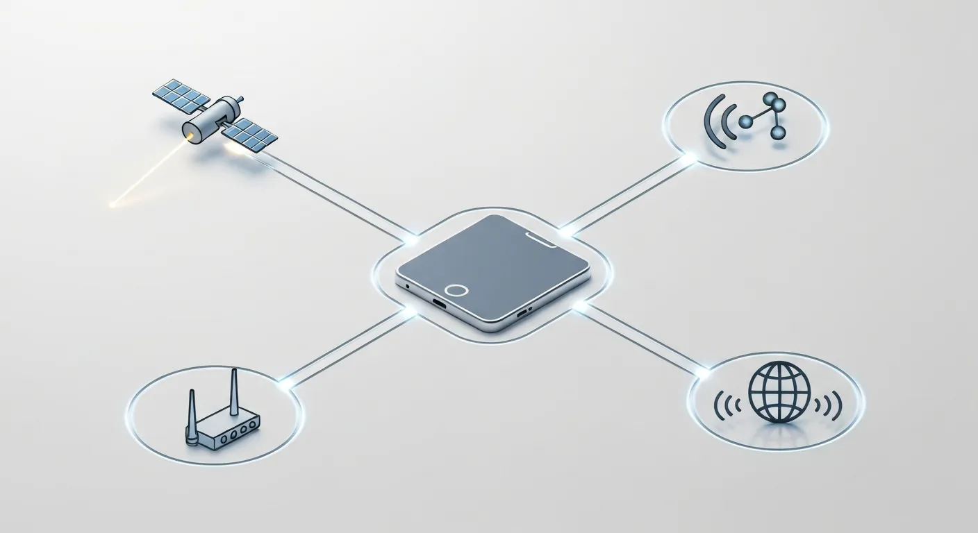 Wizualizacja technologii geotargetingu. Centralny smartfon jest połączony z trzema źródłami danych: satelitą GPS (precyzyjny sygnał), wieżą komórkową (szerszy sygnał) i globusem (ogólna lokalizacja IP), co ilustruje różne poziomy dokładności określania lokalizacji.