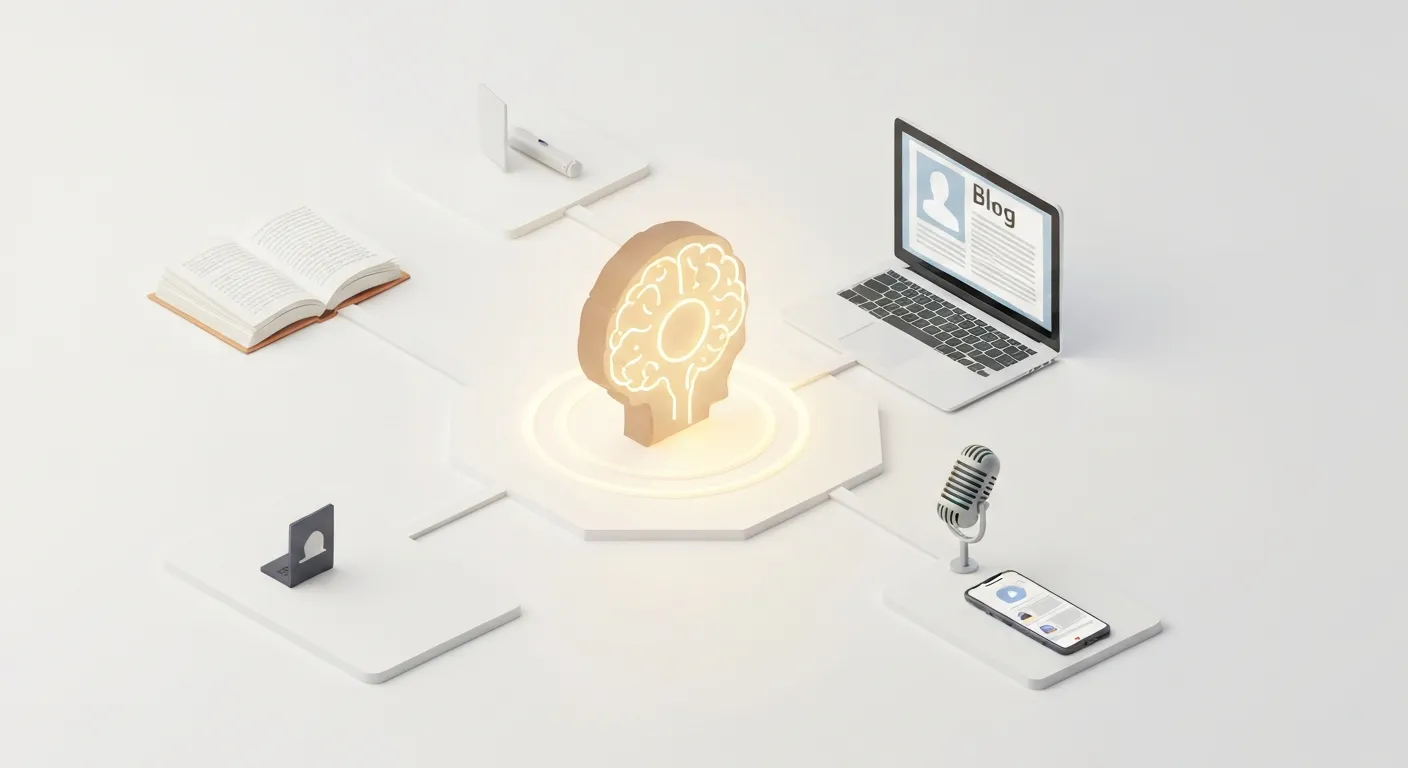 Ilustracja izometryczna pokazująca centralny, świecący mózg lub ikonę pomysłu, od którego odchodzą ścieżki do różnych platform i produktów: otwarta książka, laptop z artykułem blogowym, mikrofon symbolizujący przemówienie i smartfon z ikonami mediów społecznościowych. Symbolizuje to szeroki zakres usług ghostwritingu.