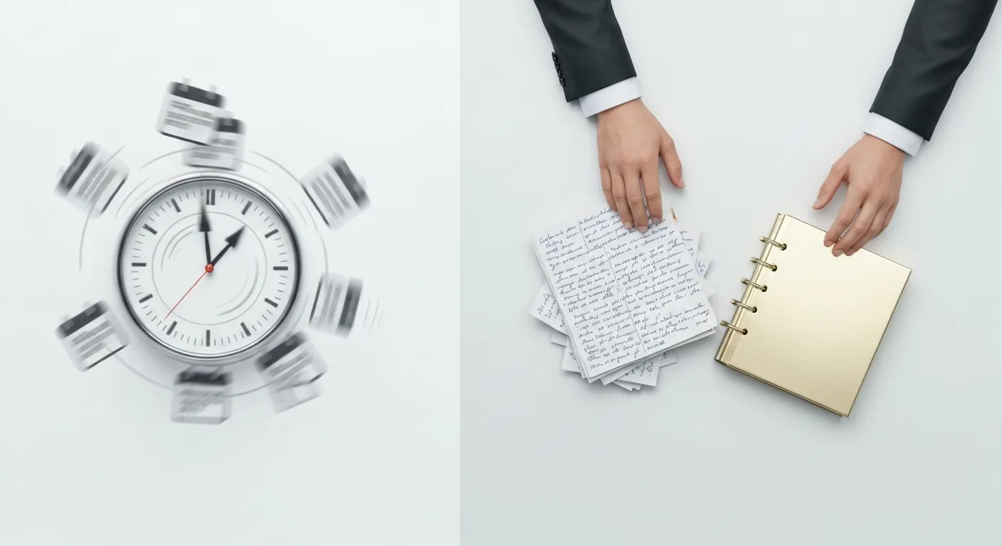 Abstrakcyjna wizualizacja korzyści płynących z ghostwritingu. Po jednej stronie widać chaotyczny zegar z wirującymi wskazówkami i ikonami spotkań, symbolizujący brak czasu. Po drugiej stronie, spokojna dłoń (ghostwritera) przekształca stos nieuporządkowanych notatek w elegancką, oprawioną książkę, co reprezentuje oszczędność czasu i profesjonalną jakość.