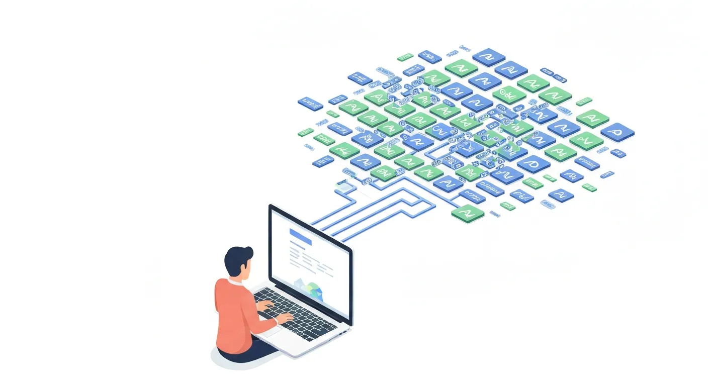 An isometric illustration showing a marketer working on a laptop offline, with organized data streams transforming a chaotic cloud of ad elements into structured rows, representing the power of bulk editing in Google Ads Editor.