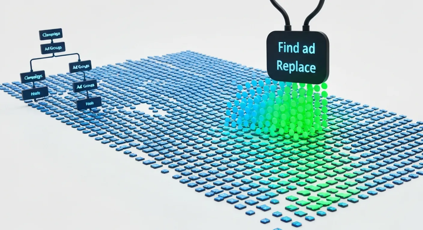 An abstract visualization of the Google Ads Editor interface, with a tree structure on the left and a large data grid where a 'find and replace' function highlights and changes hundreds of items at once.