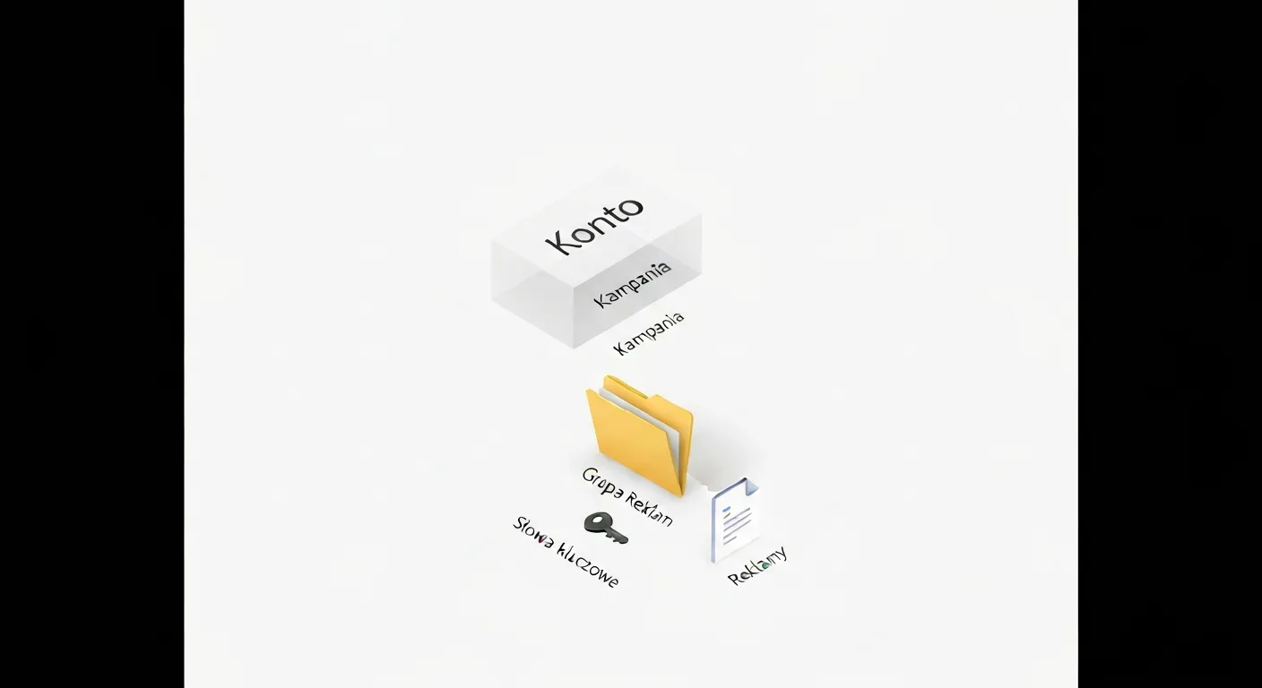 Schemat blokowy w stylu izometrycznym ilustrujący hierarchię konta Google Ads. Na samej górze znajduje się największy blok 'Konto', w nim mniejszy 'Kampania', następnie 'Grupa Reklam', a na samym dole 'Słowa Kluczowe i Reklamy', co pokazuje strukturę organizacyjną.