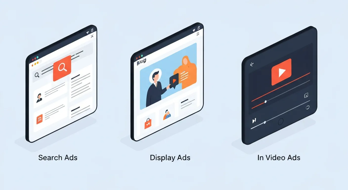 Grafika porównująca trzy główne typy kampanii Google Ads. Obok siebie znajdują się trzy uproszczone ekrany: wyszukiwarka z reklamą tekstową (Search), strona internetowa z banerem (Display) i odtwarzacz wideo z reklamą (Video), aby pokazać różne miejsca docierania do klienta.