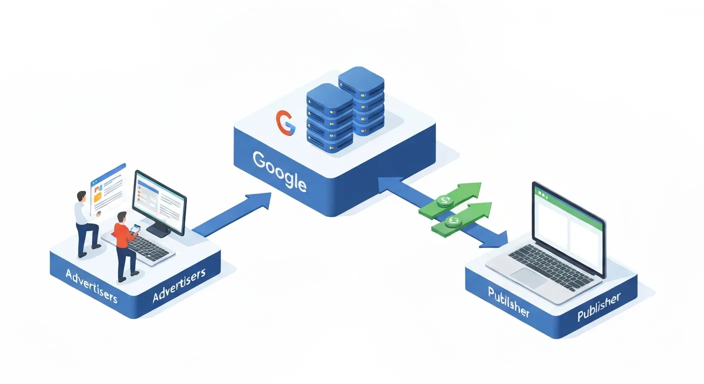 Izometryczny schemat ilustrujący ekosystem Google AdSense. Z jednej strony reklamodawcy tworzący reklamy, z drugiej strona internetowa wydawcy, a pośrodku serwery Google łączące ich, pokazując przepływ reklam i pieniędzy.