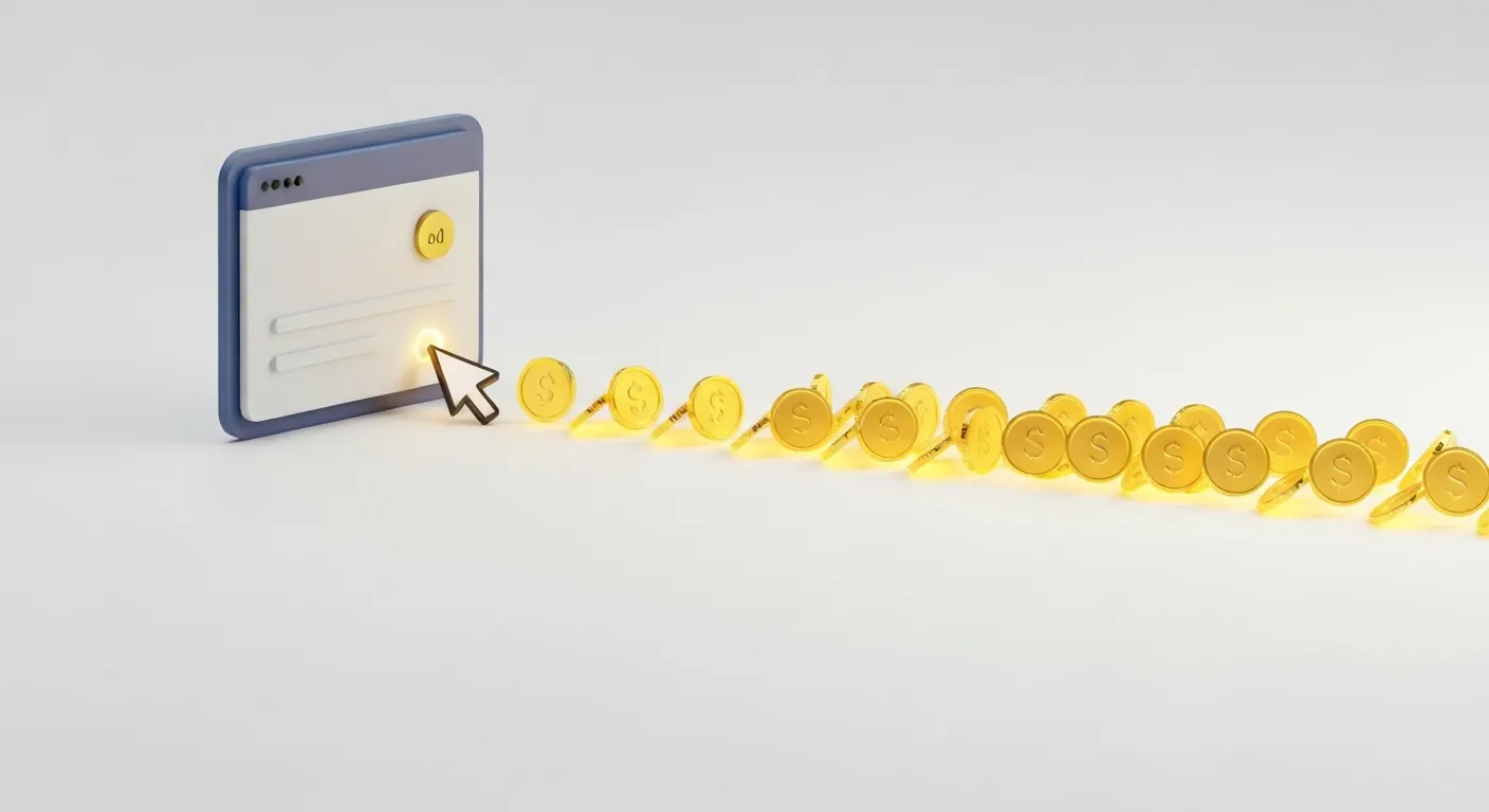Abstrakcyjna wizualizacja kursora myszy klikającego w cyfrową reklamę, co powoduje przepływ cyfrowych monet w stronę właściciela witryny, ilustrując model CPC (koszt za kliknięcie) w Google AdSense.
