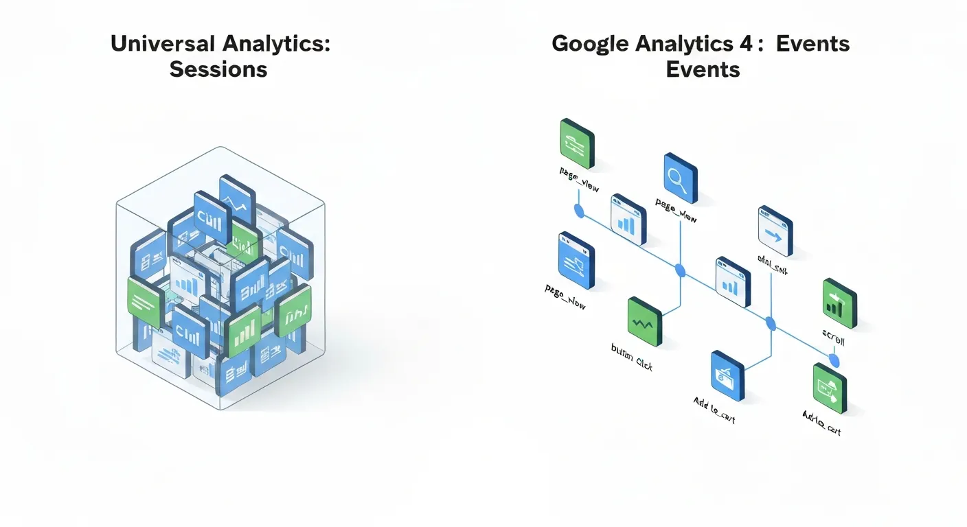 Wizualne porównanie modelu danych opartego na sesjach (Universal Analytics) z modelem opartym na zdarzeniach (Google Analytics 4). Po lewej stronie sesja jest pokazana jako jeden duży kontener z różnymi akcjami, a po prawej zdarzenia są przedstawione jako oddzielne, połączone punkty na osi czasu.