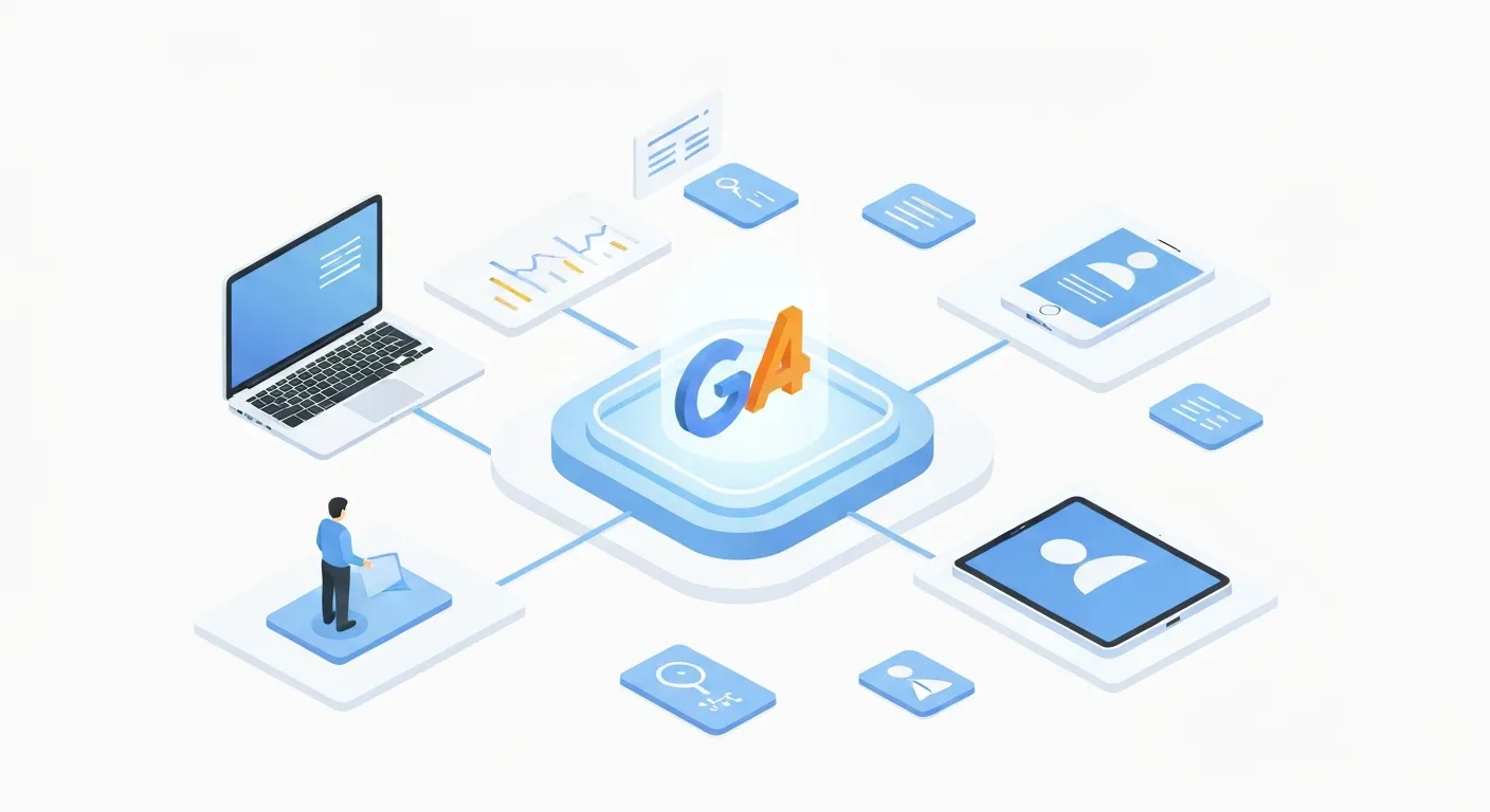 Ilustracja izometryczna pokazująca zintegrowane śledzenie cross-platform w Google Analytics 4. W centrum znajduje się główny pulpit GA4, do którego spływają dane z laptopa, smartfona i tabletu, ilustrując jednolitą podróż klienta na różnych urządzeniach.