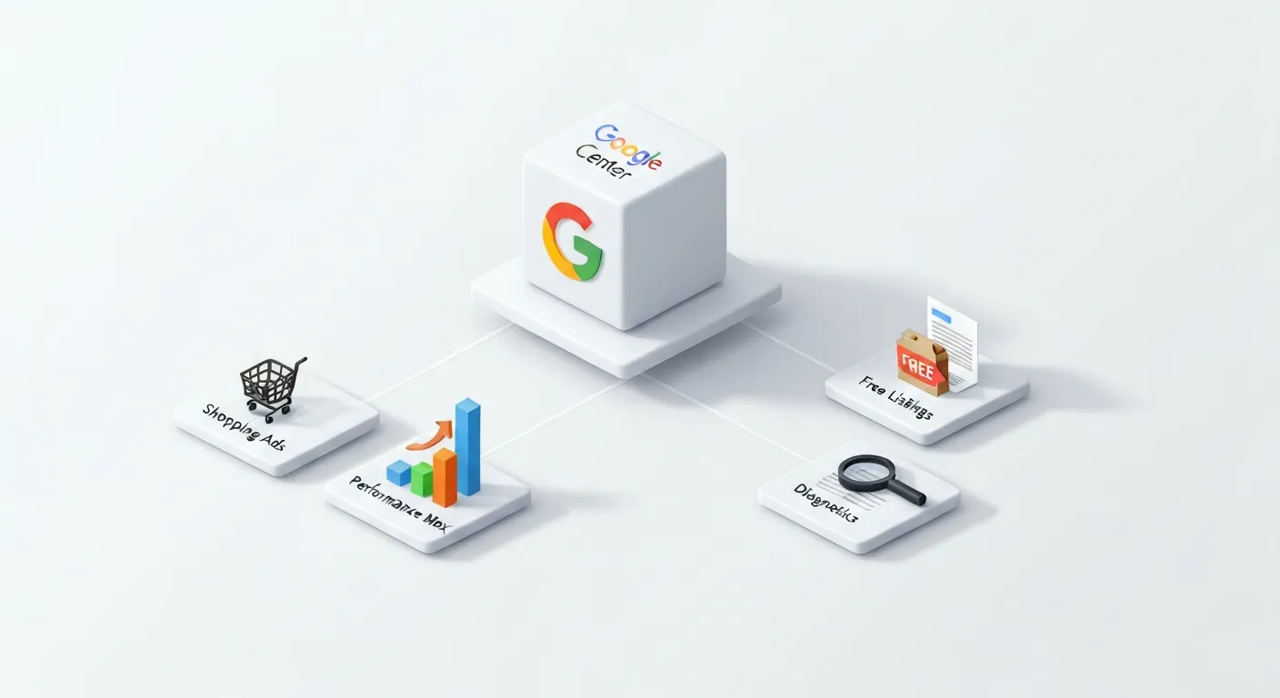 An isometric illustration showing a central block labeled 'GMC' with connecting lines to four other blocks, each representing a key benefit: a shopping cart for Google Shopping Ads, a dynamic chart for Performance Max, a 'free' tag for free listings, and a checklist for data diagnostics.