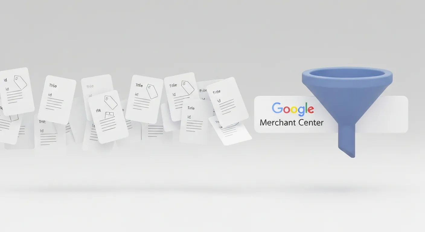 An abstract visualization of a product data feed. Organized rows of structured data blocks, each containing an icon for an attribute like 'id', 'title', and 'price', are shown flowing neatly into a funnel that represents the Google Merchant Center platform.