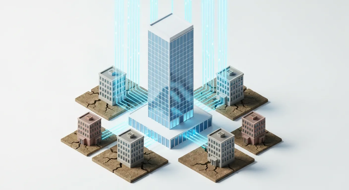 An isometric illustration of a Private Blog Network (PBN). A large, modern central building, representing the main website, is artificially propped up by glowing energy beams from a network of smaller, older-looking satellite buildings built on cracked foundations, symbolizing expired domains.