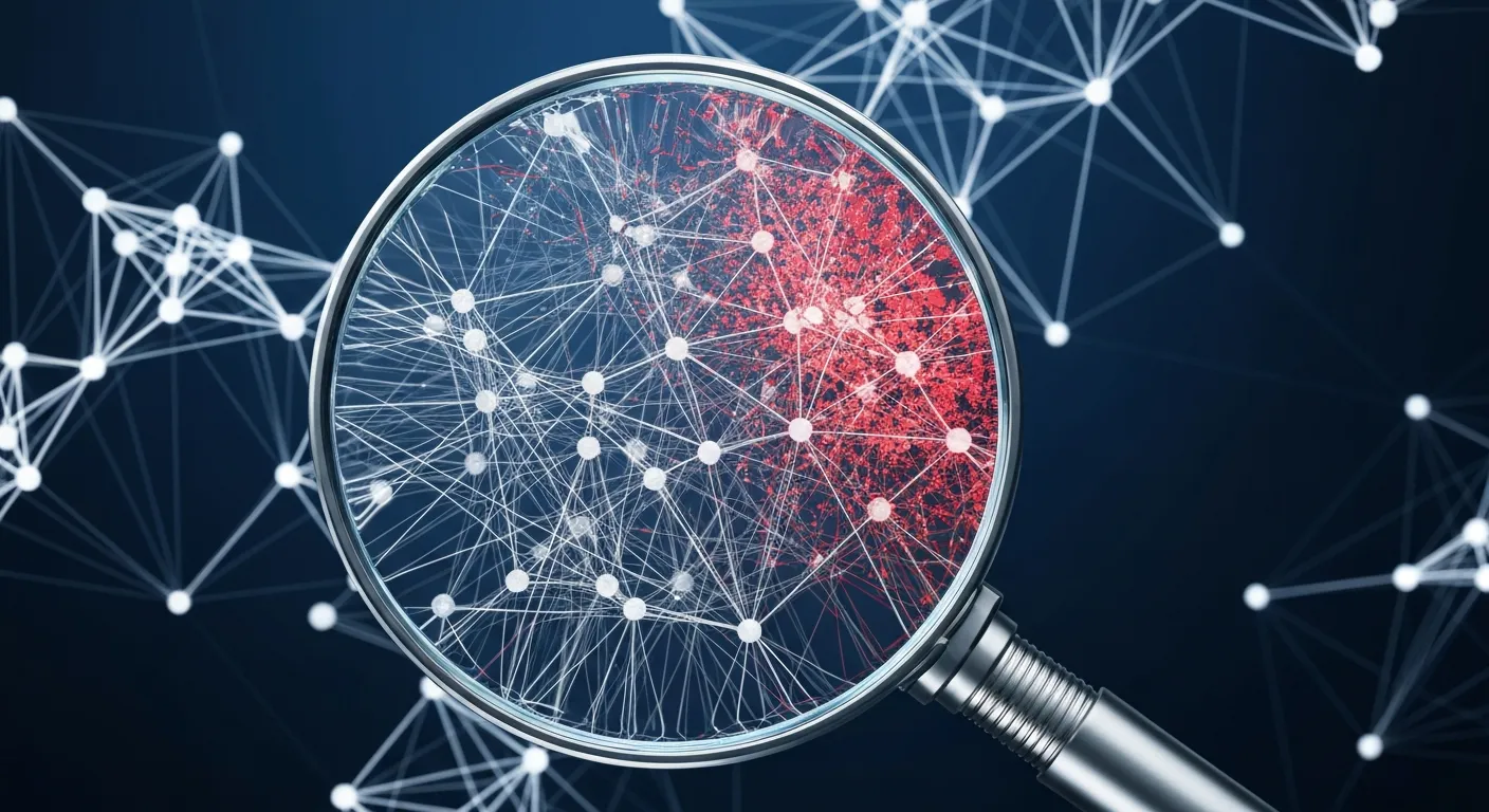 An abstract data visualization of a complex web of connections representing an SEO strategy. A large, digital magnifying glass with the Google 'G' logo is scanning the web, causing previously neutral grey links to turn bright red and start to fracture, symbolizing a penalty from an algorithm update.