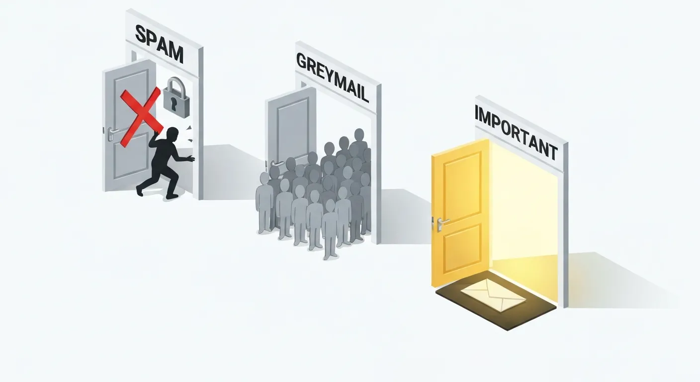 An isometric illustration comparing three types of email using a doorway metaphor. The first door, labeled 'Spam', is locked with a red 'X'. The second, 'Greymail', is slightly ajar with a crowd of indistinct grey figures loitering. The third, 'Important', is wide open with a golden light shining from within.