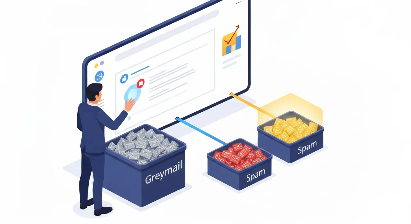 An illustration of a person calmly using a digital dashboard to manage their inbox. A chaotic stream of emails is being automatically sorted into three distinct bins labeled 'Greymail', 'Spam', and 'Important', showing the user in control of their digital space.