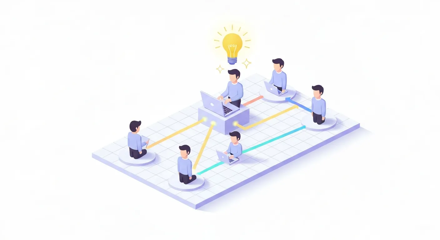 Izometryczna ilustracja przedstawiająca pętlę wirusową (viral loop) jako kluczowy element growth hackingu. W centrum jeden użytkownik, zadowolony z produktu, poleca go kolejnym, którzy z kolei tworzą rozrastającą się sieć połączeń, co wizualizuje organiczny wzrost.