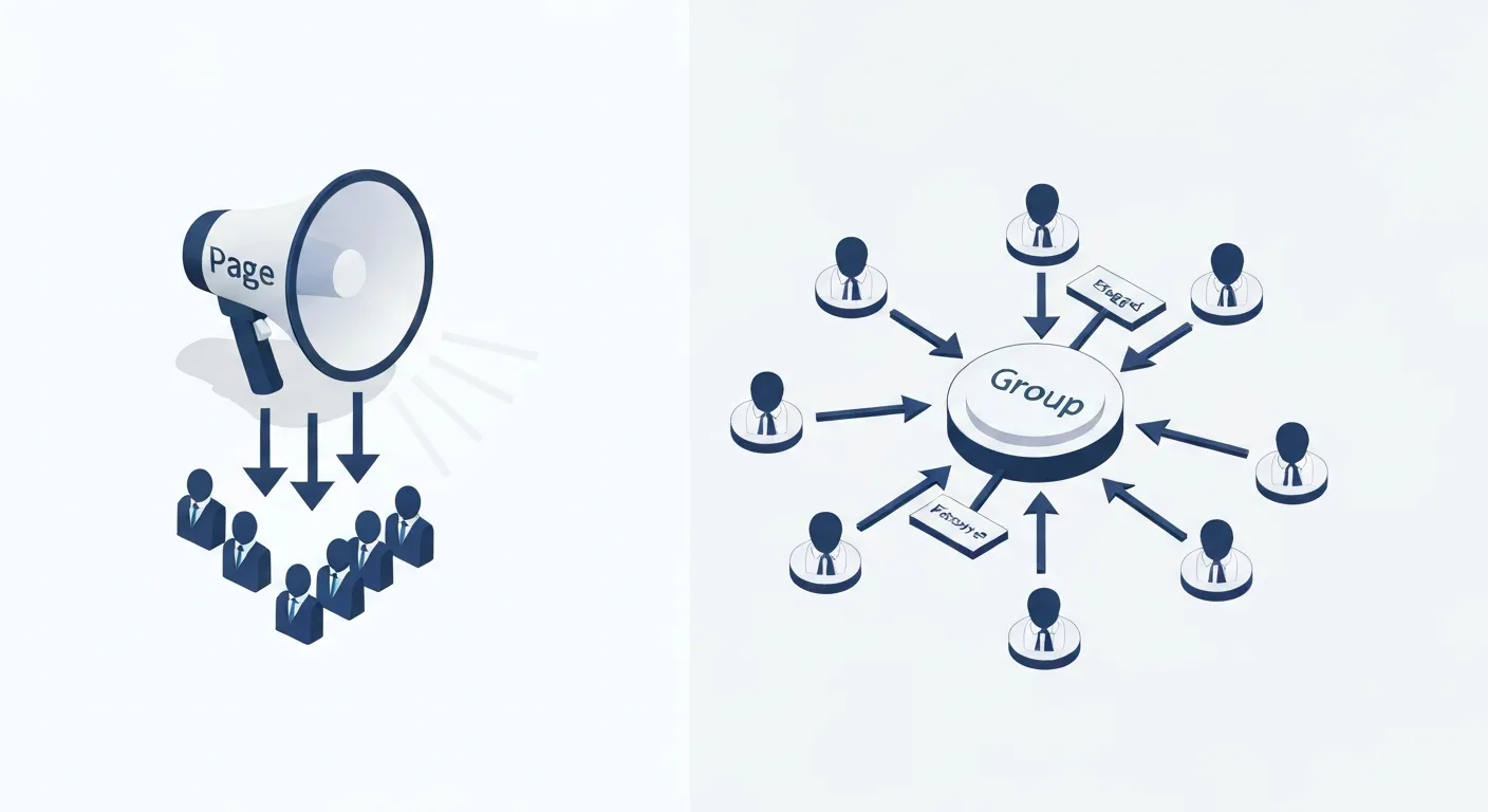 Wizualizacja porównująca jednostronną komunikację fanpage'a z dialogiem w grupie. Po lewej stronie duży megafon nadaje komunikat w dół do pasywnych odbiorców. Po prawej, centralny punkt (marka) jest połączony dwukierunkowymi strzałkami z członkami społeczności, którzy są również połączeni między sobą.