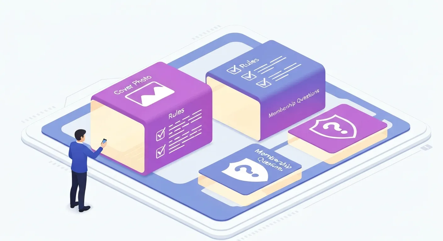Ilustracja przedstawiająca proces konfiguracji grupy na Facebooku. Administrator stoi przed wirtualnym panelem kontrolnym, na którym układa klocki symbolizujące kluczowe ustawienia: zdjęcie w tle, regulamin i pytania rekrutacyjne.