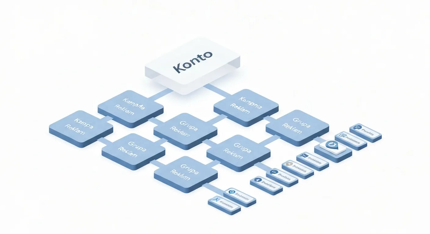 Schemat ilustrujący hierarchiczną strukturę konta Google Ads. Na szczycie znajduje się Konto, poniżej Kampanie, a każda kampania dzieli się na szczegółowe Grupy Reklam, które zawierają powiązane słowa kluczowe i reklamy.