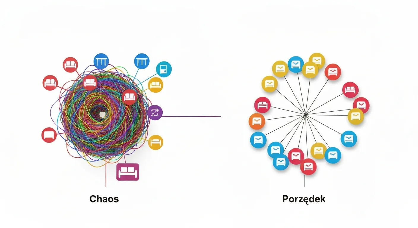 Porównanie wizualne złej i dobrej organizacji grup reklam. Po lewej stronie chaotyczna, pomieszana grupa różnych słów kluczowych. Po prawej, uporządkowane, tematycznie pogrupowane klastry słów kluczowych, co prowadzi do lepszych wyników.