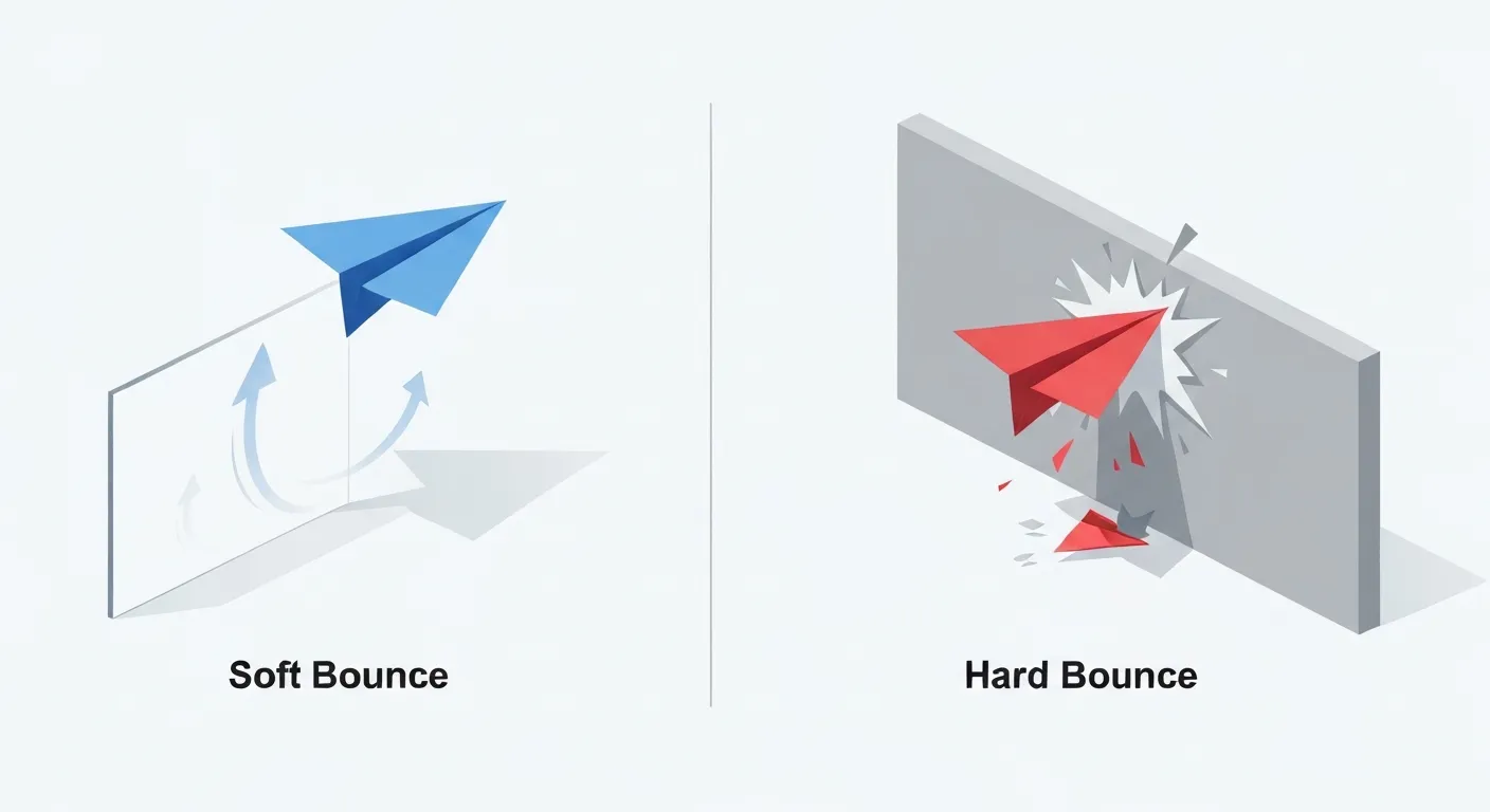 A side-by-side comparison diagram showing the difference between a soft bounce and a hard bounce. On the left, a paper airplane gently bounces off a cloud and continues its path. On the right, a paper airplane hits a concrete wall and falls, broken.