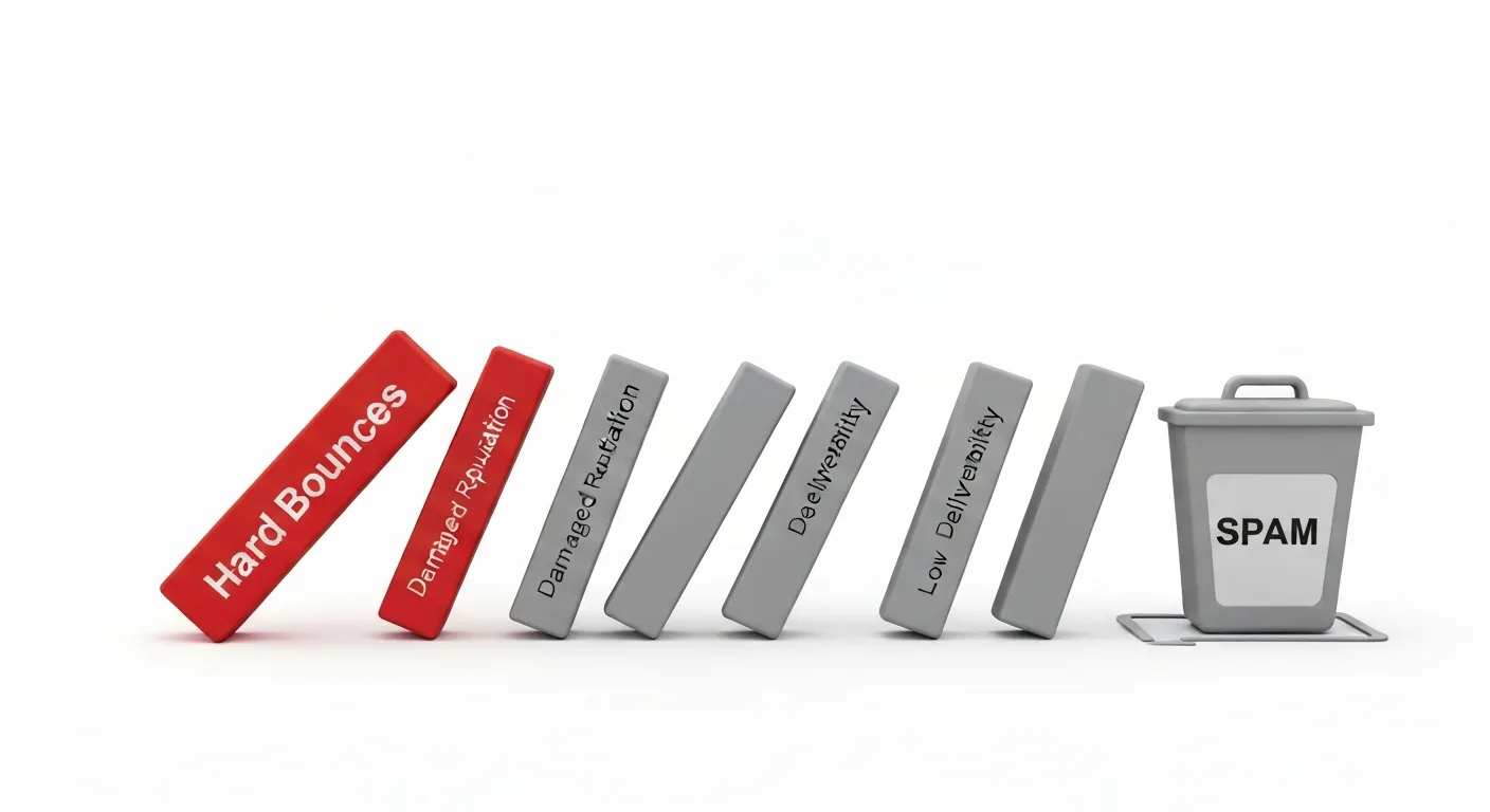 A domino effect illustration showing how a high hard bounce rate negatively impacts email marketing. The first domino labeled 'Hard Bounce' topples others labeled 'Damaged Reputation', 'Low Deliverability', and finally 'Spam Folder'.