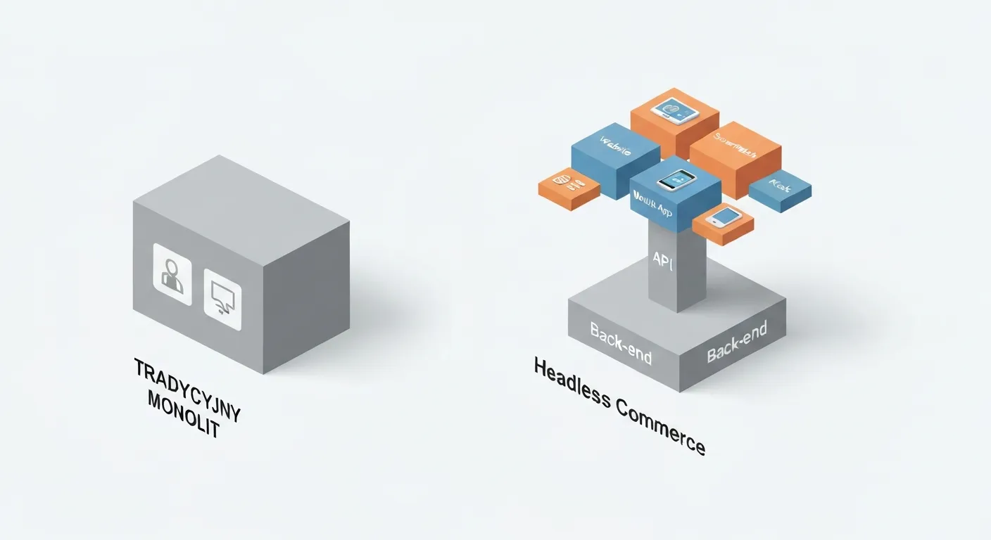 Schemat porównawczy w stylu izometrycznym, pokazujący różnicę między tradycyjnym e-commerce (monolit) a headless commerce. Po lewej stronie jest pojedynczy, sztywny blok. Po prawej, modułowa struktura z oddzielonym back-endem na dole, warstwą API pośrodku i wieloma różnymi front-endami na górze.