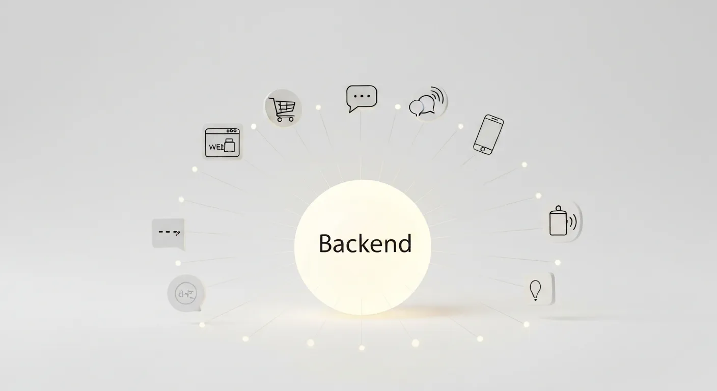 Abstrakcyjna wizualizacja strategii omnichannel. Centralny hub, symbolizujący back-end headless commerce, wysyła spójne dane do otaczających go ikon reprezentujących różne kanały sprzedaży, takie jak sklep internetowy, aplikacja mobilna, media społecznościowe i urządzenie IoT, tworząc zintegrowaną sieć.