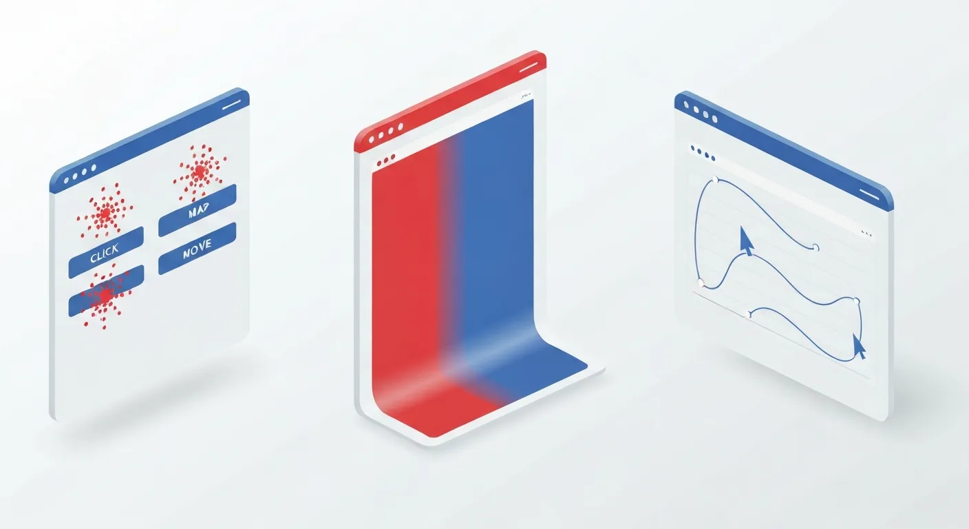 An isometric illustration comparing three types of website heatmaps: a click map, a scroll map, and a move map, each on a separate stylized webpage panel.