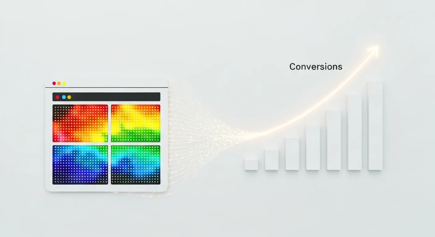 An abstract data visualization showing how heatmap analysis leads to increased conversion, symbolized by colorful data points transforming into a rising graph.