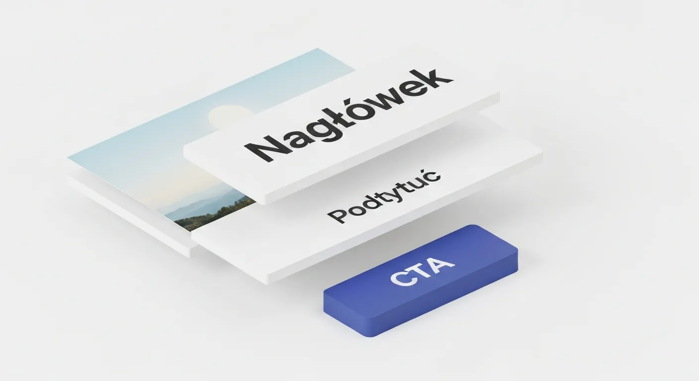 Izometryczna ilustracja przedstawiająca rozłożone na części kluczowe elementy skutecznego hero image: wysokiej jakości obraz, nagłówek, podtytuł i przycisk wezwania do działania (CTA).