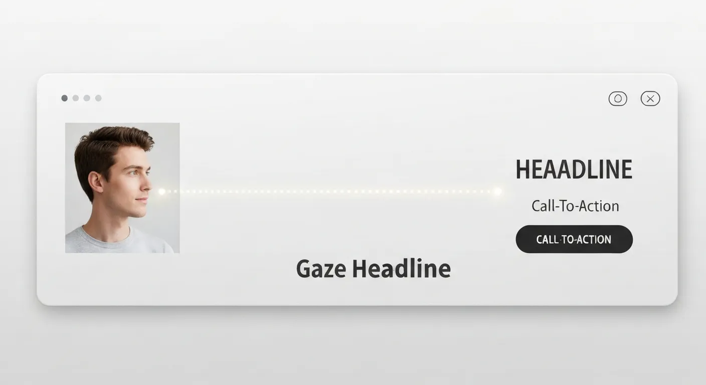 Grafika koncepcyjna demonstrująca, jak wzrok osoby na zdjęciu w hero image kieruje uwagę użytkownika na przycisk CTA, co jest zilustrowane za pomocą linii śledzenia wzroku.