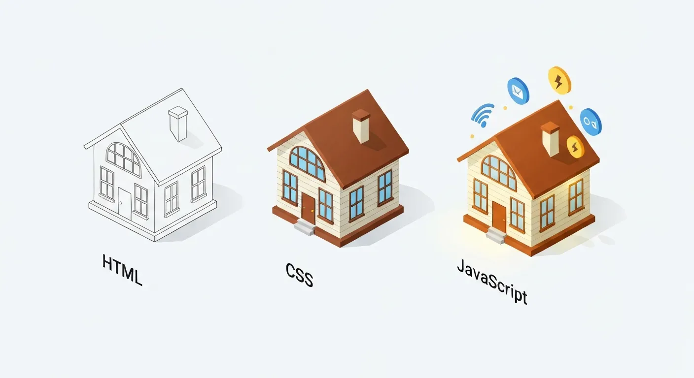 Ilustracja przedstawiająca analogię tworzenia strony internetowej do budowy domu, pokazująca trzy etapy: szkielet z podpisem HTML, wykończony dom z podpisem CSS i interaktywny dom z podpisem JavaScript.