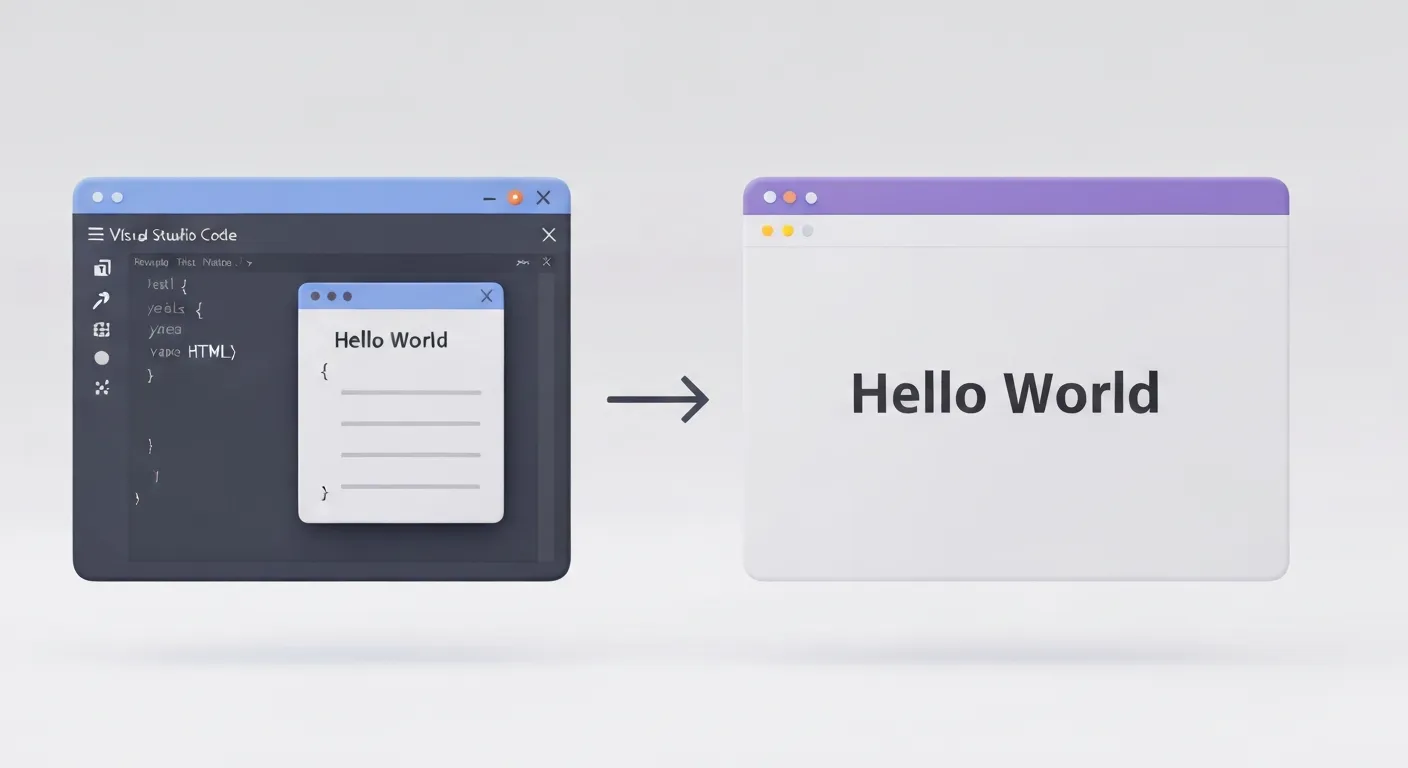 Grafika przedstawiająca dwa podstawowe narzędzia do nauki HTML: edytor kodu z prostym kodem po lewej stronie i przeglądarka internetowa wyświetlająca wynik tego kodu po prawej stronie.