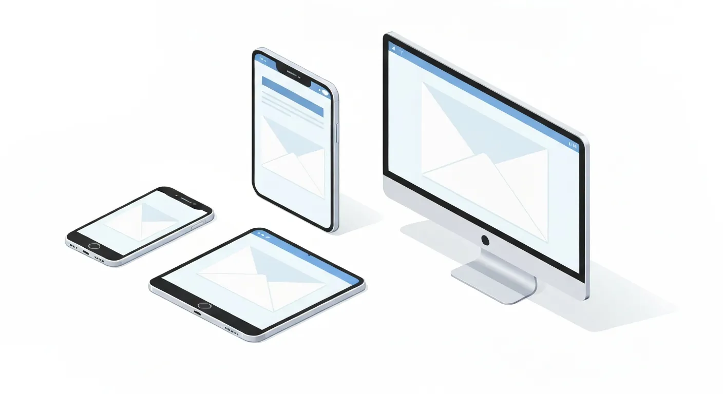 Ilustracja 3D pokazująca ten sam email w jednokolumnowym układzie, który idealnie dopasowuje się do ekranu smartfona, tabletu i monitora komputera, podkreślając zasadę projektowania mobile-first.