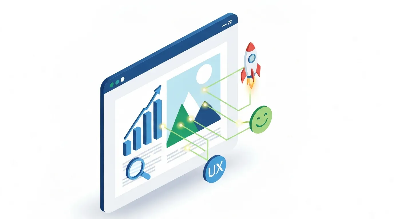 Infografika izometryczna pokazująca kluczowe filary Image SEO. Centralny obraz na stronie internetowej wysyła pozytywne sygnały do ikon symbolizujących: ruch z wyszukiwarki (strzałka w górę), szybkość ładowania (rakieta) i doświadczenie użytkownika (uśmiechnięta twarz).