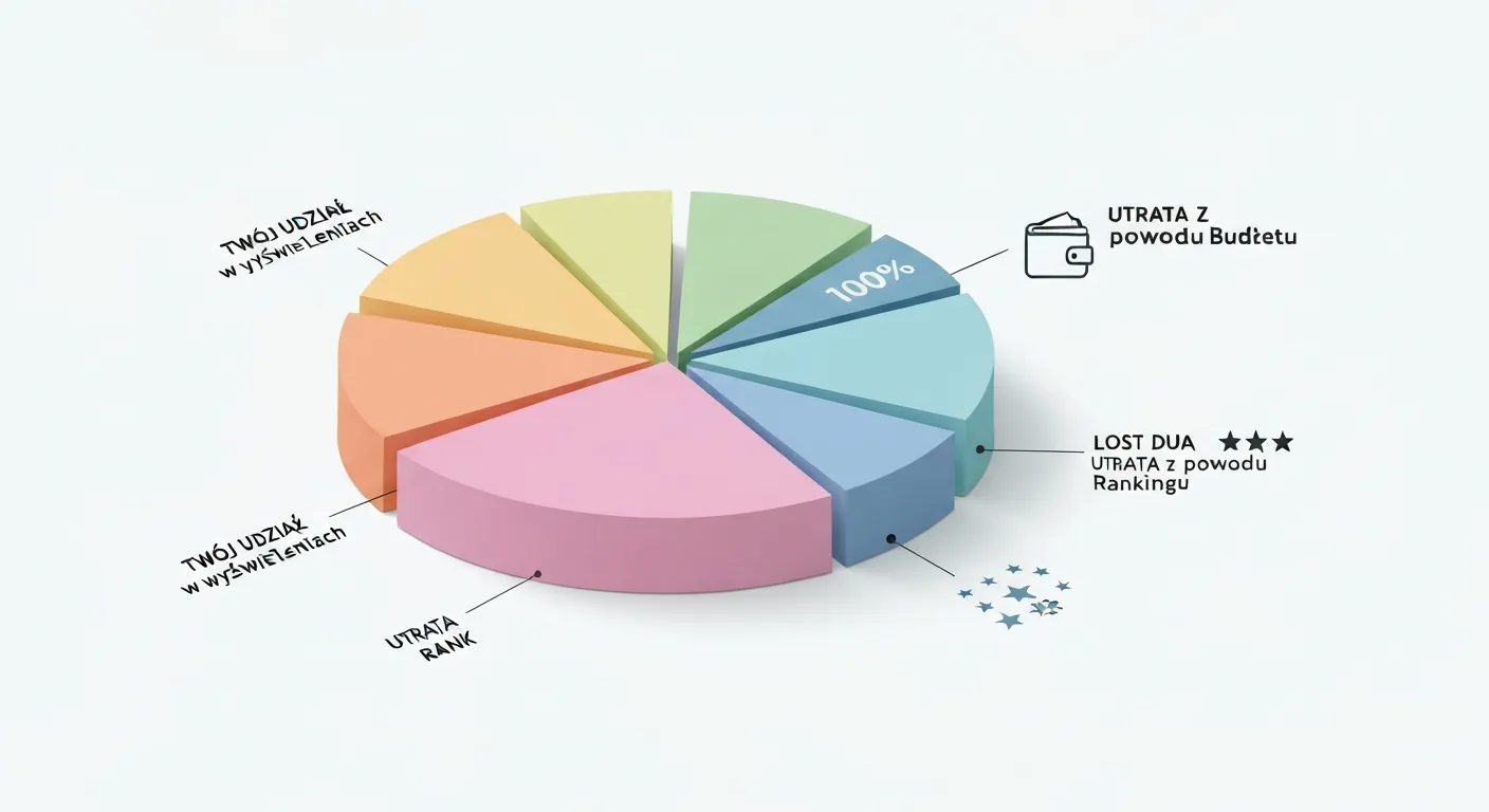 Infografika wyjaśniająca przyczyny utraty udziału w wyświetleniach. Wykres kołowy jest podzielony na trzy części: 'Twój Impression Share', 'Utrata z powodu budżetu' z ikoną portfela, i 'Utrata z powodu rankingu' z ikoną medalu.