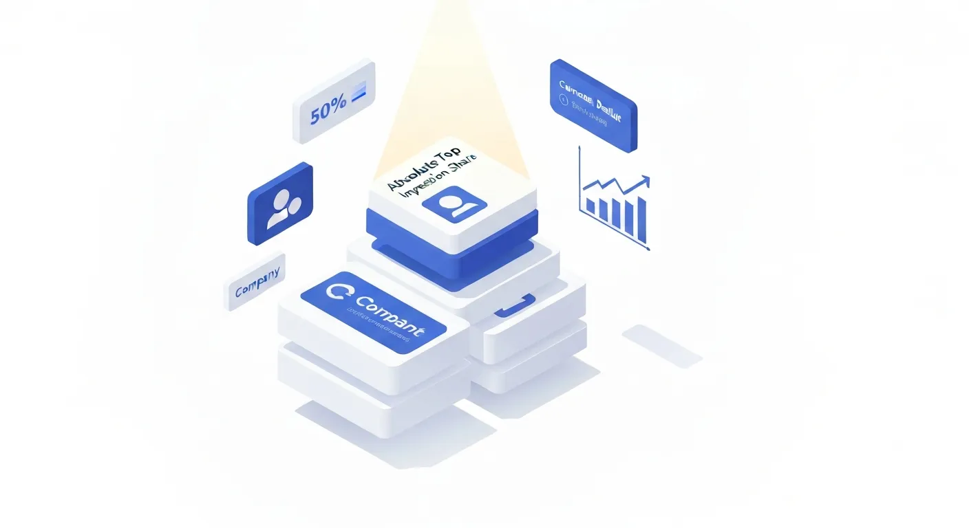 Izometryczna ilustracja przedstawiająca krajobraz konkurencyjny w Google Ads. Jedna firma, symbolizowana przez wysoki, oświetlony budynek, dominuje nad mniejszymi, co obrazuje wysoki Impression Share i czołową pozycję w wynikach wyszukiwania.