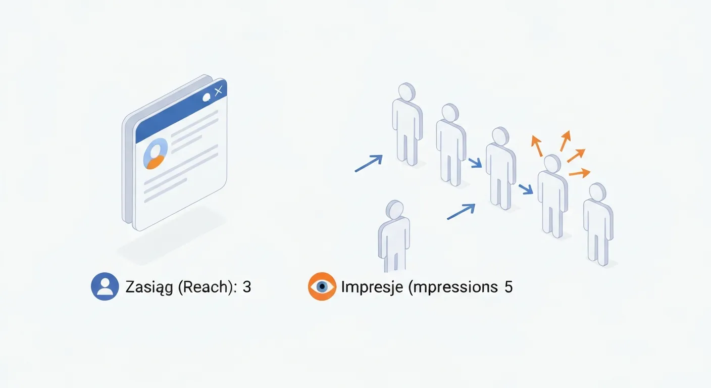 Ilustracja izometryczna wyjaśniająca różnicę między zasięgiem (reach) a wyświetleniami (impressions). Pokazuje, że jeden użytkownik może zobaczyć treść wielokrotnie, co generuje więcej impresji niż zasięgu.