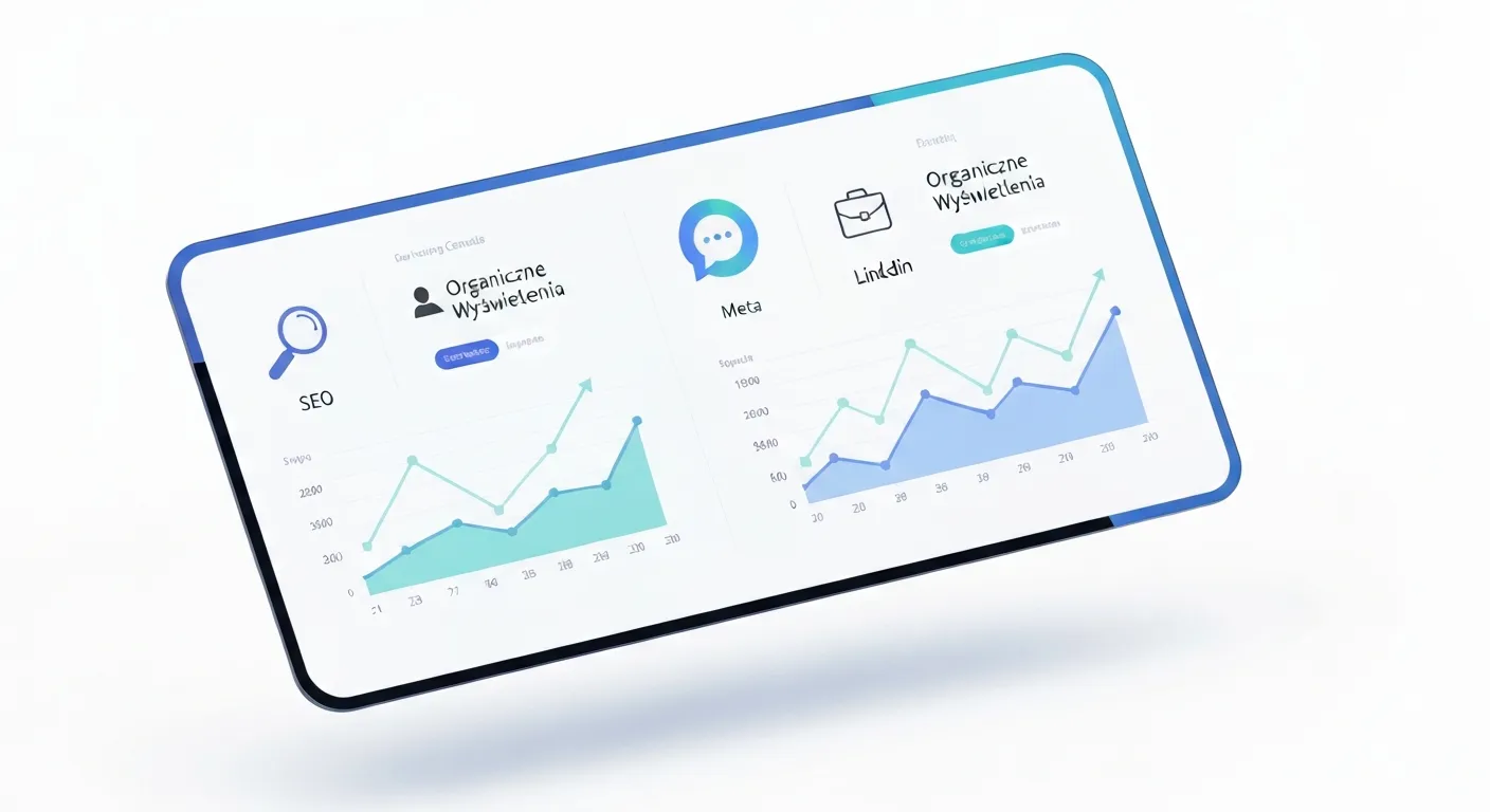 Wizualizacja danych pokazująca analitykę zasięgu organicznego na różnych platformach. Widoczny jest centralny panel (dashboard) z wykresami i metrykami oznaczonymi ikonami Google, Meta i LinkedIn.
