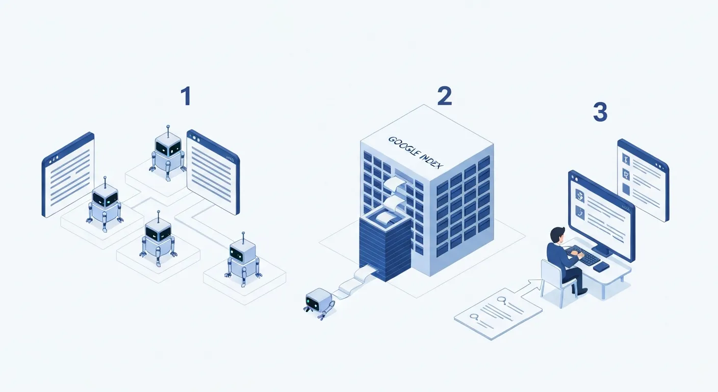 Izometryczna ilustracja pokazująca trzy etapy działania Google: 1. Roboty-pająki przeszukują sieć (Crawling). 2. Dane są katalogowane w centralnej bazie danych (Indexing). 3. Użytkownik otrzymuje posortowane wyniki wyszukiwania (Ranking).